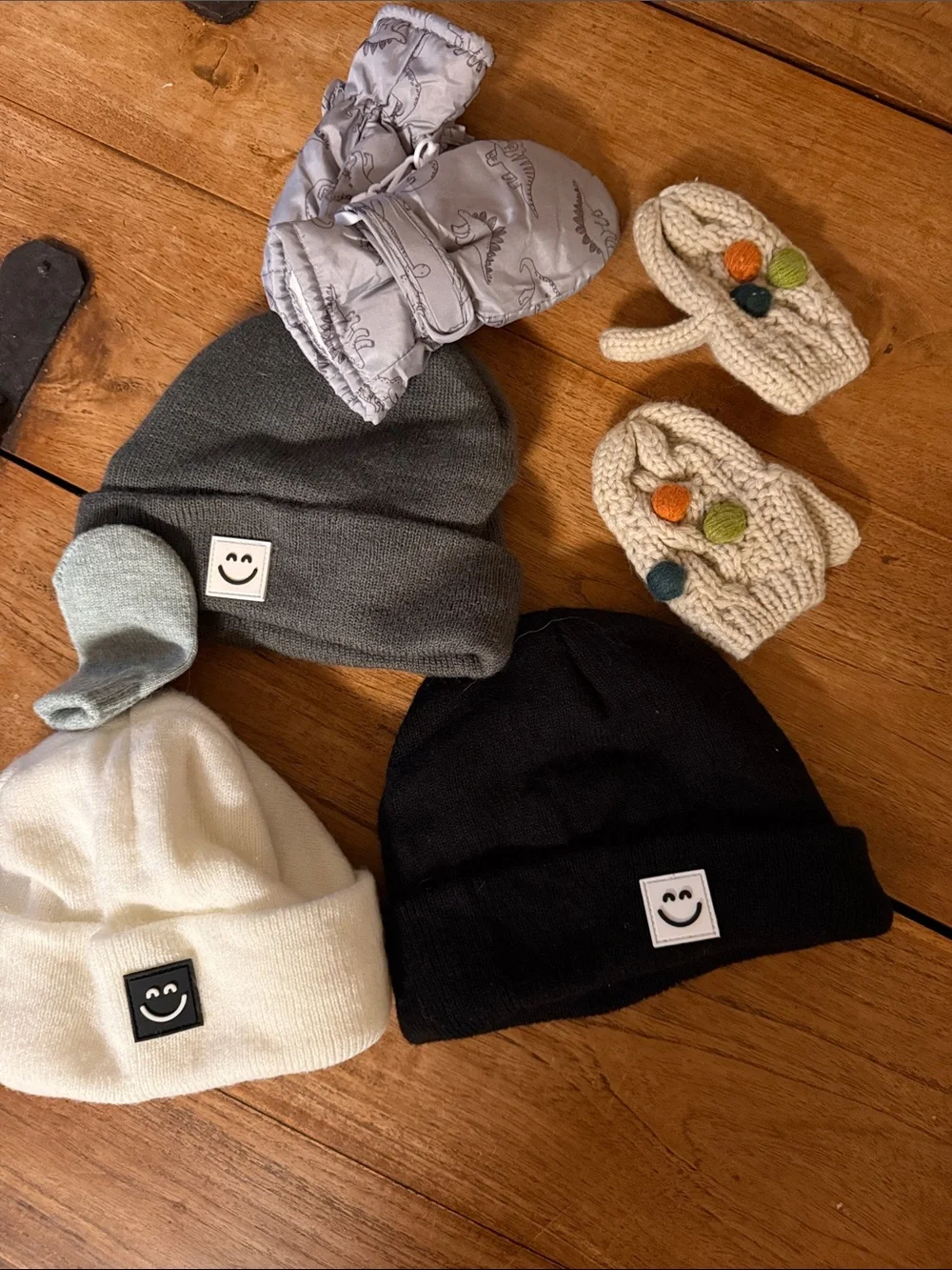 Kids Smiley Beanie Hat - Black, Gray, White